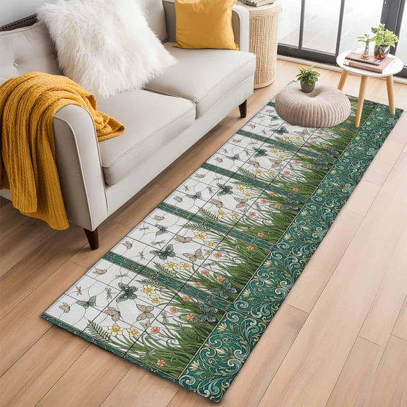 Stained Glass 2'x6' Runner Rugs for Hallway Kitchen Bedside Non Slip Washable, Butterfly Flowers Spring Watercolor Plant Entryway Rug Runners with Rubber Backing, Long Carpet Runner for Laundry Room