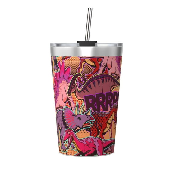 PAYOHTO Multicolored Pattern of Dinosaurs Insulated Stainless Steel Tumbler 12 oz Thermos Come with Straw Kids Leak-Proof Travel Mug Cup