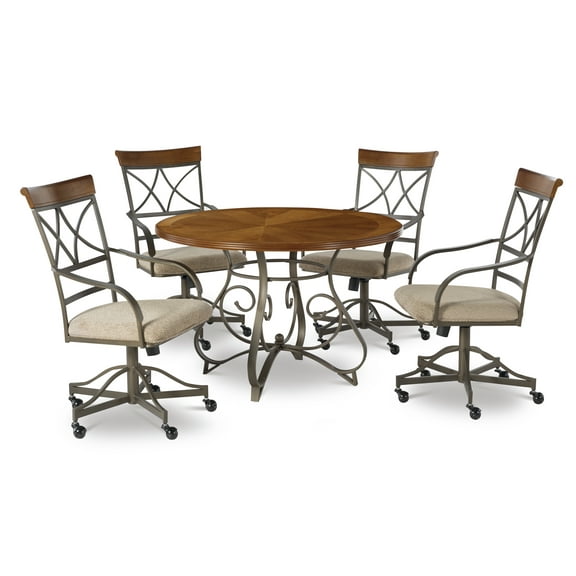 Powell Roselyn 5-Piece Dining Set with Rolling Swivel-Tilt Chairs, Brushed Faux Medium Cherry Wood with "Matte Pewter and Bronze" Metal