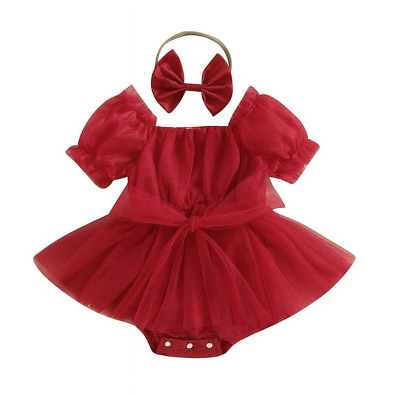 ZHaobin 0-24M Christmas Baby Girls Romper Dress Newborn Infant Short Sleeve Sweet Bodysuit Jumpsuit Headband 2pcs Clothes Sets (Red,0-6M)