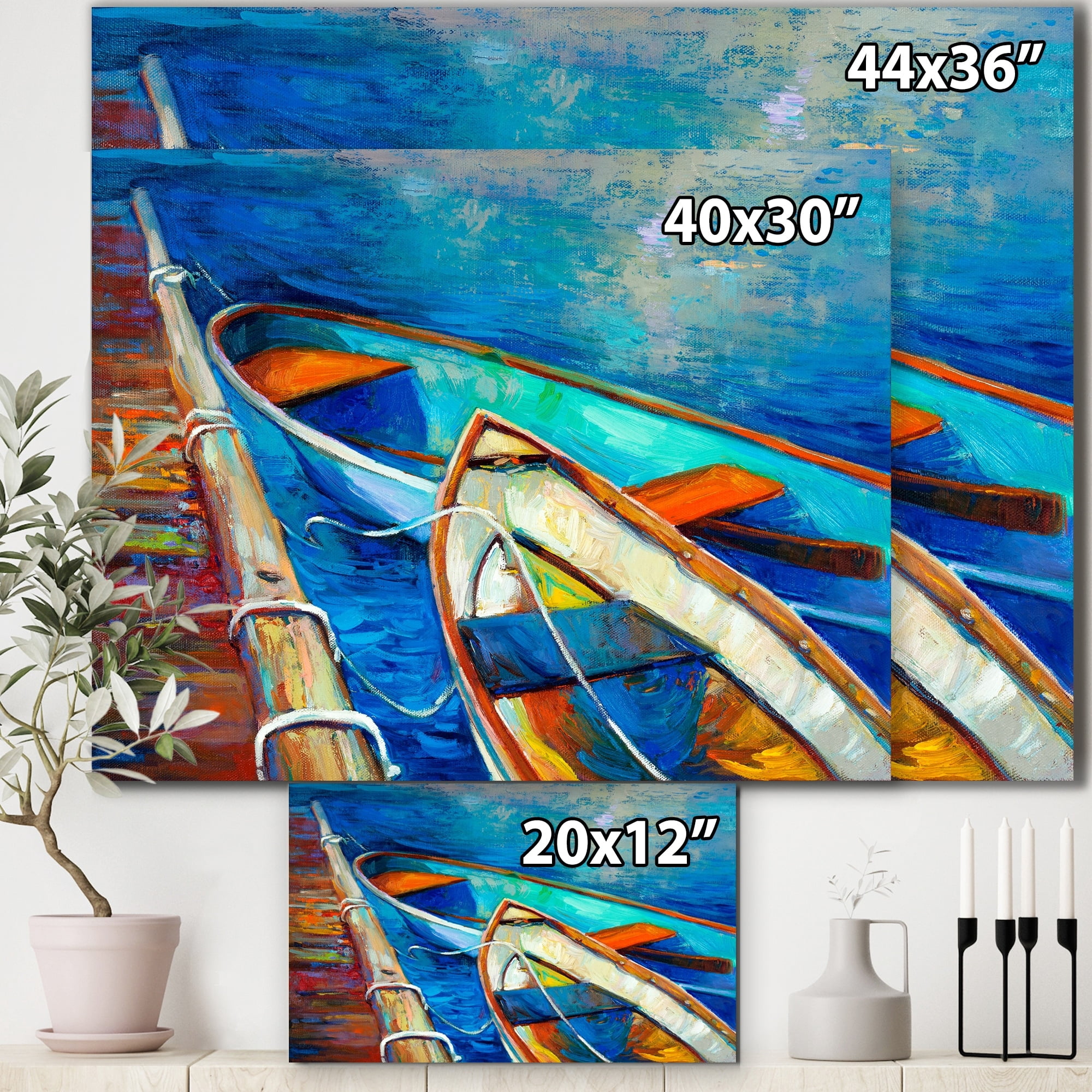 Designart 'Boats and Pier in Blue Shade ' Seascape Canvas Art Print