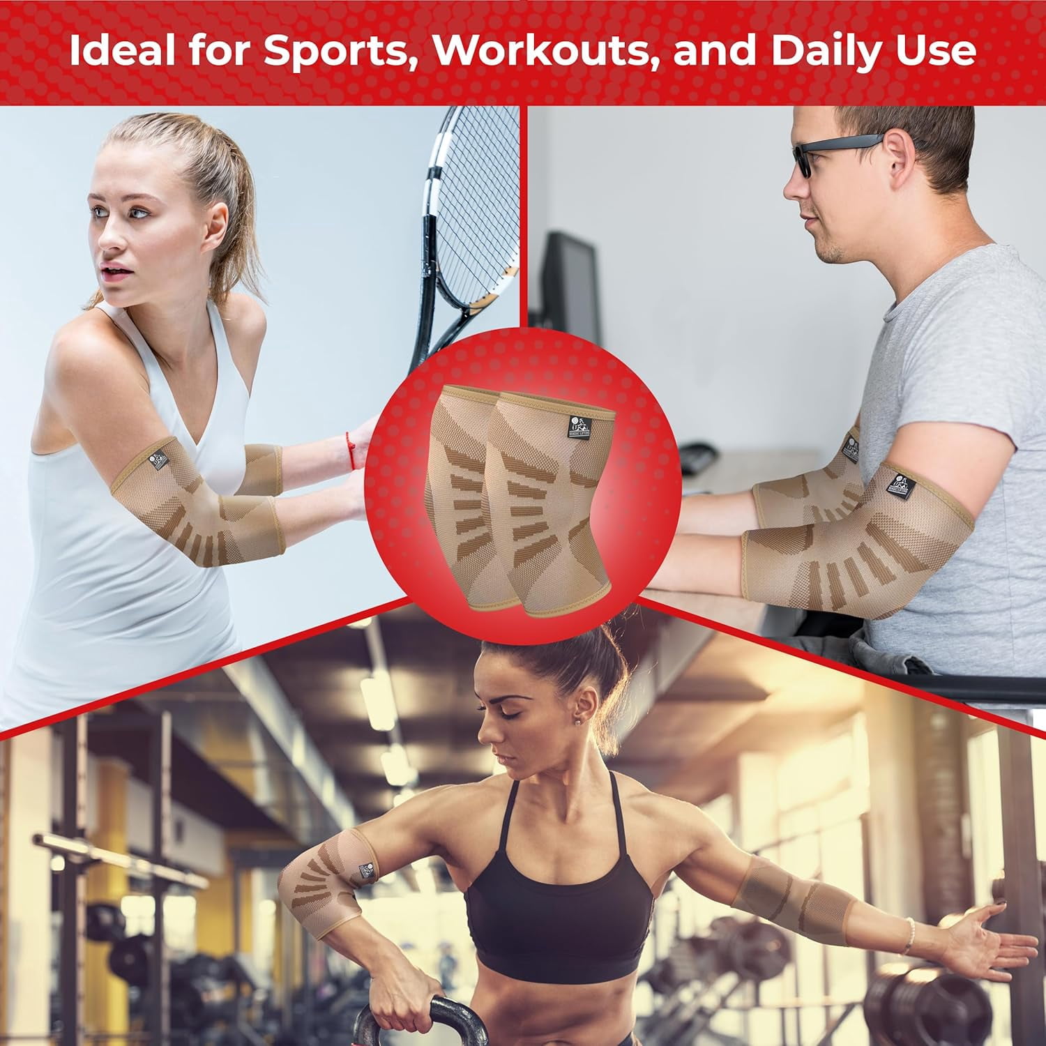 Nordic Lifting Elbow Brace, Elbow Sleeve for Men & Women, Tennis Elbow Brace for Tendonitis, Arthritis, Weightlifting, Golf, 1 Pair, Beige, Large