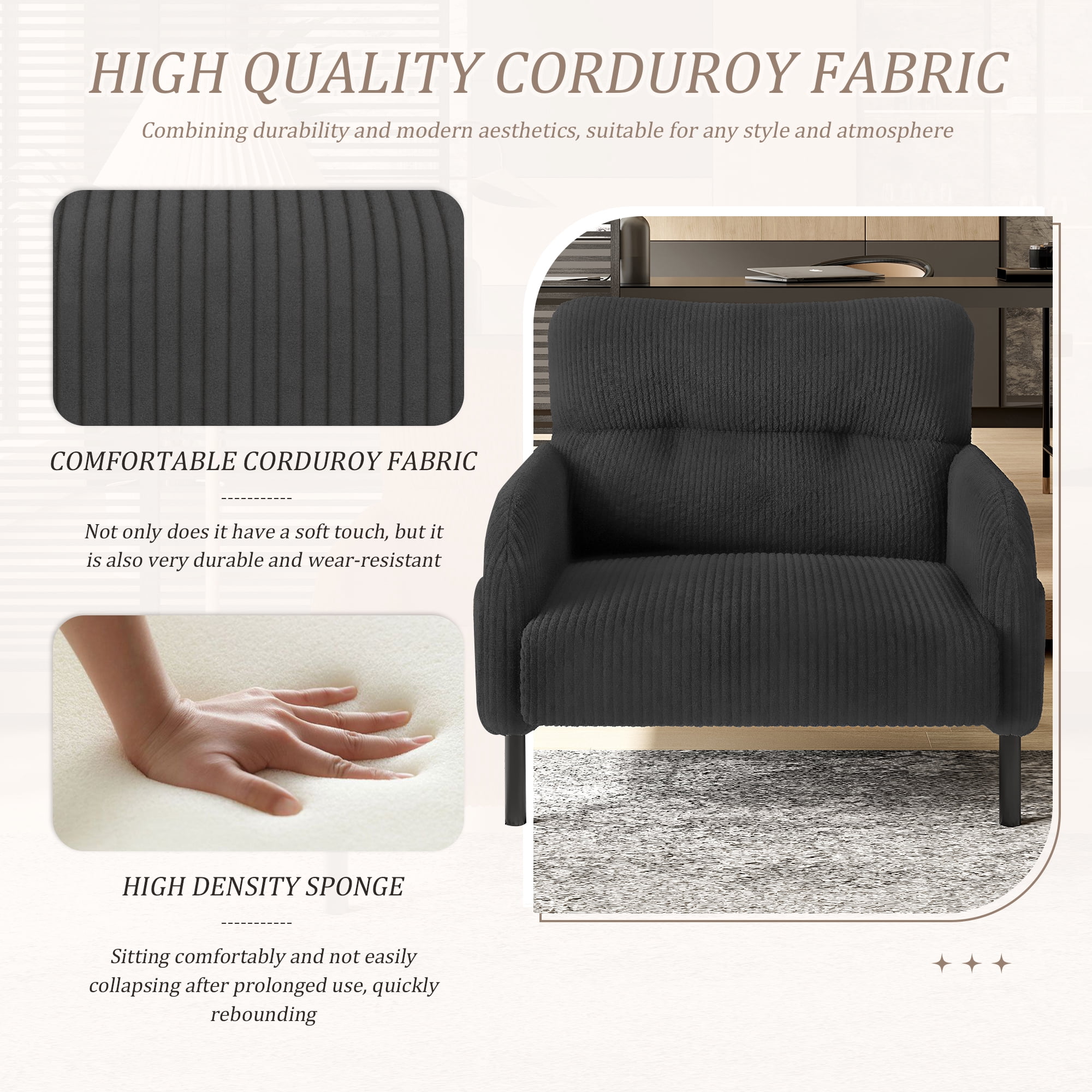 MOONMISS Corduroy Upholstered Comfortable Single Wood Frame Armchair for Living room and Bedroom-Gray