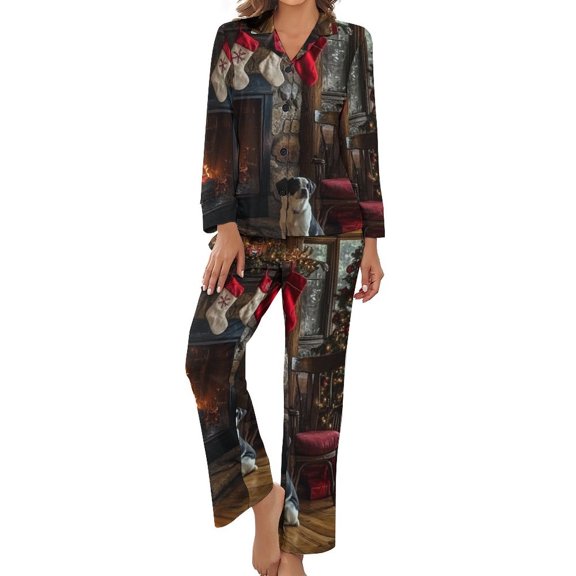 PoBuds Women's Long Sleeve Flannel Pajama Set Sleepwear Christmas Fireplace Tree Warm Indoor S