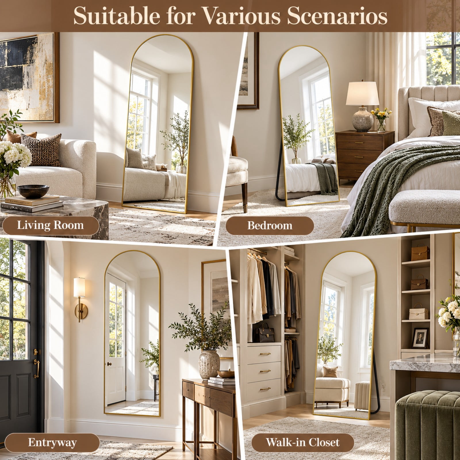 BEAUTYPEAK 71"x 26" Oversized Full Length Mirror Arch Standing Floor Mirror Full Body Mirror, Gold