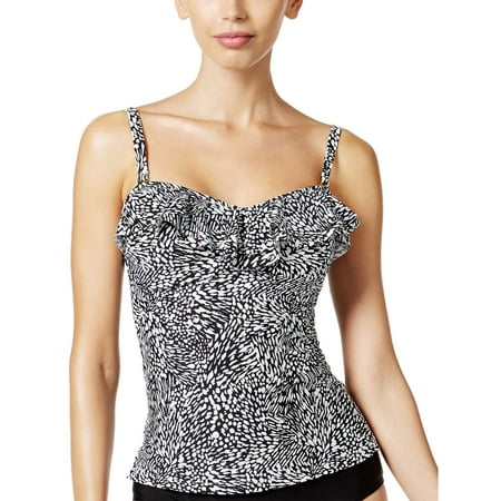 Island Escape Womens Swimsuit Tankini Top 8 Black White Spot On Ruffle Printed