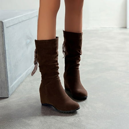 

FZM Women shoes cowboy boots Ladies Solid Color Suede Lace Ribbon Inner Fashion Medium Boots