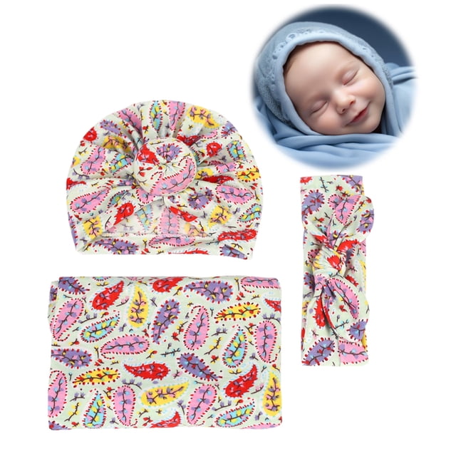 COM1950s Newborn Photography Wraps, Newborn Swaddle Printed Wrap Quilt Photography Wrap Cloth + Hat + Headband 3-Piece Set
