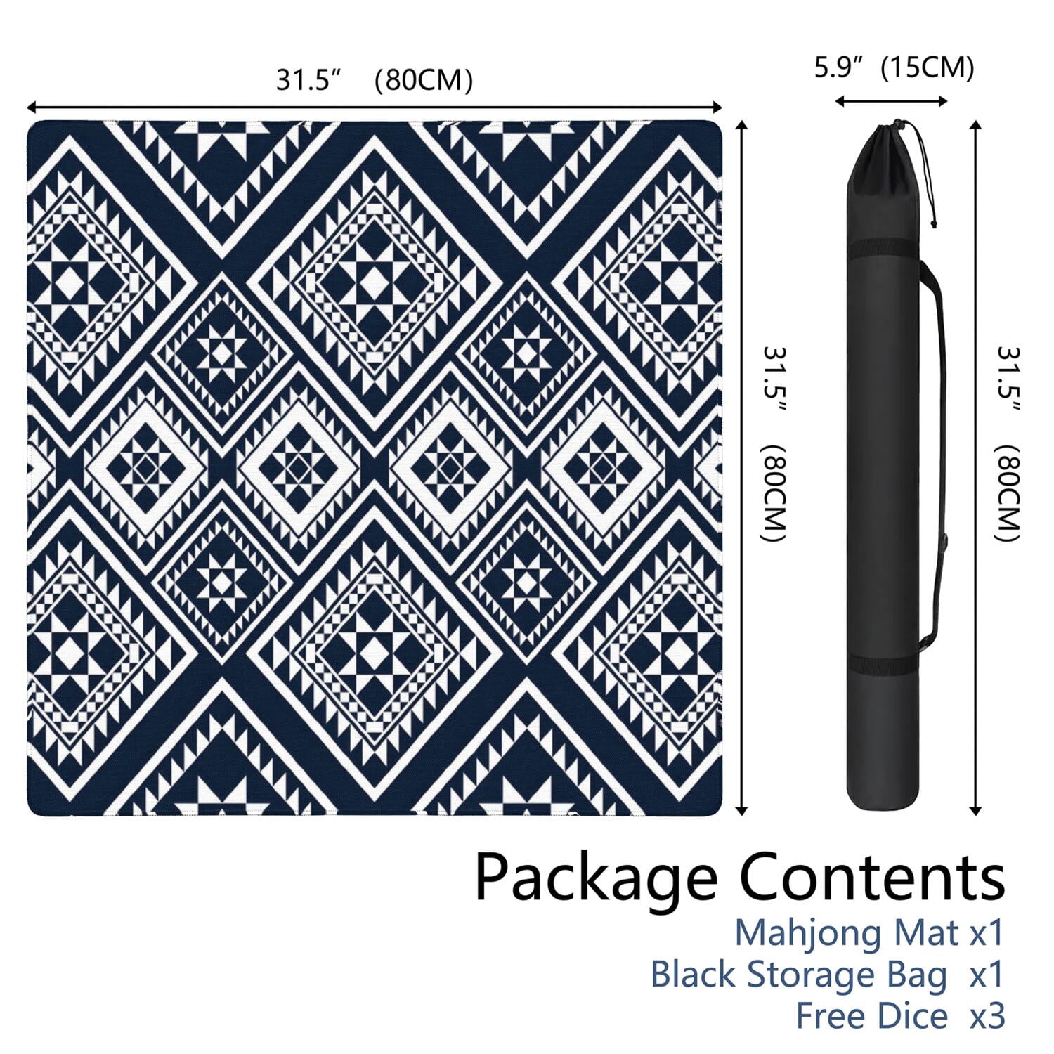 Classic Boho Pattern Extra Large Non-Slip Mahjong Mat 31.5 Inch Square Rubber Playing Pad with Quiet Design for Tiles Card Games and Board Game Nights