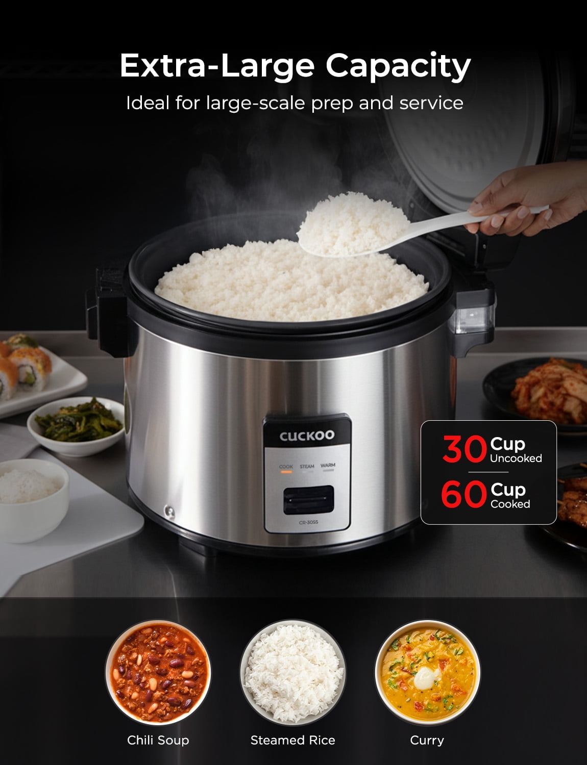 CUCKOO Commercial Rice Cooker & Warmer, Extra Large Rice Cooker 30-Cup Uncooked / 60-Cup Cooked, Professional Industrial Grain Cooker with Large Capacity, Easy One-Touch Operation, Silver (CR-3055)