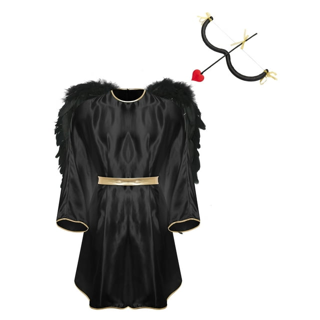 YiZYiF Men's Cupid Outfits Satiny Batwing Sleeve Robe with Wings M-shaped Bow Heart Arrow Raves Party Black S
