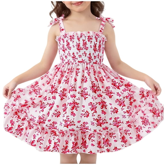 Ugoldhm Girls Floral Print Tie Strap Ruffle Hem Dress - Smocked Bodice Casual Summer Sundress