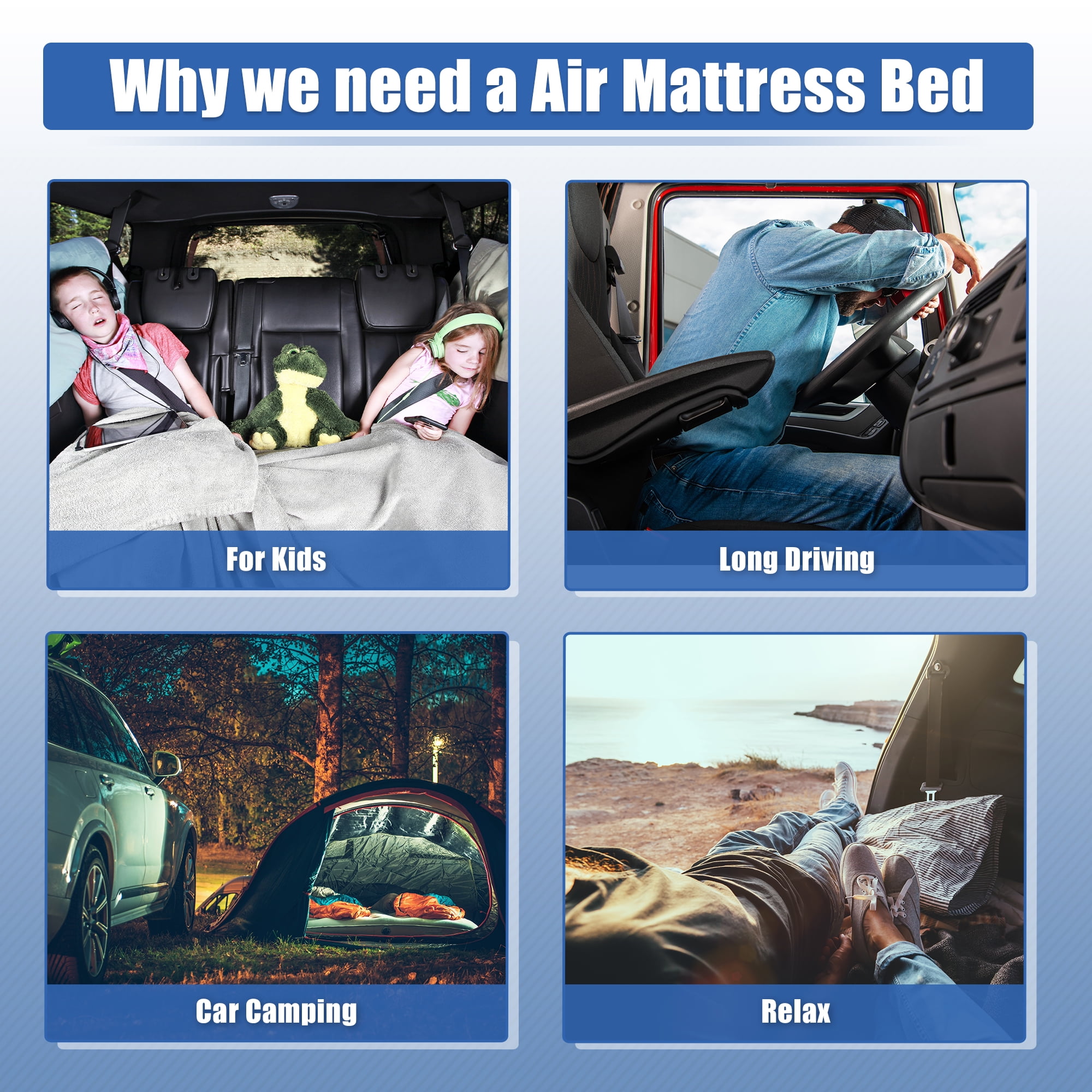 Unique Bargains 1 Set Universal Inflatable Thickened Car Air Mattress Camping Bed Cushion Pillow Flocking Gray