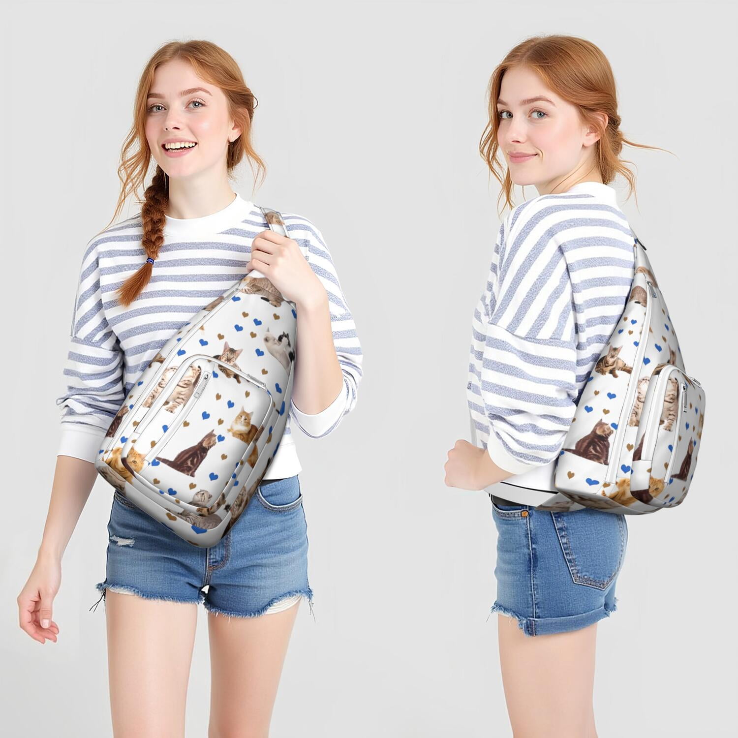 Pet Lover's Shoulder Bag - Hand-drawn Cat Graphic Sling Backpack (Lightweight Chest Bag, Easy Access Pockets)
