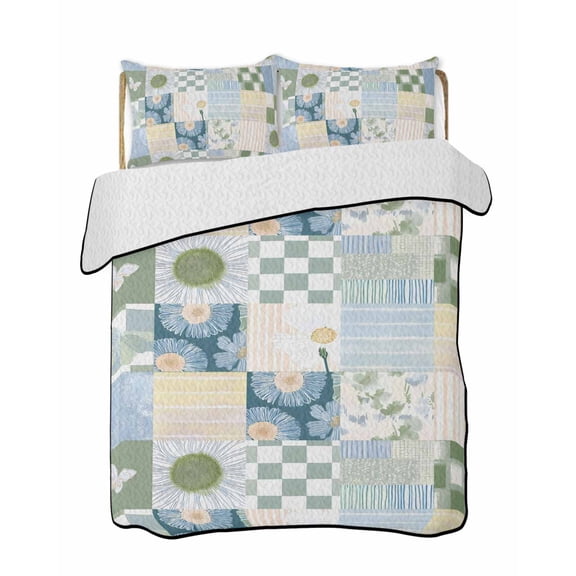 Full Size Quilt Bedding Set, Spring Floral Checkered Reversible Summer Quilt 3 Pieces, Sage Green Daisy Buffalo Plaid Lightweight Bedspreads Coverlets with 2 Pillow Shams for All Seasons