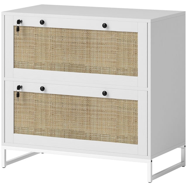 2-Drawer Rattan Filing Cabinet with Lock, White Boho Office Storage Cabinet with Adjustable Hanging Bar for Letter & Legal Files, Printer Stand for Home Office or Living Room