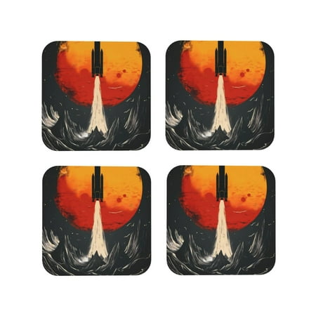 

Honeii Retro Space Rocket Launch Print Leather Coaster Set of 4 Ideal for Safeguarding Your Furniture from Drinks Spills and Effortless Cleanup-Square