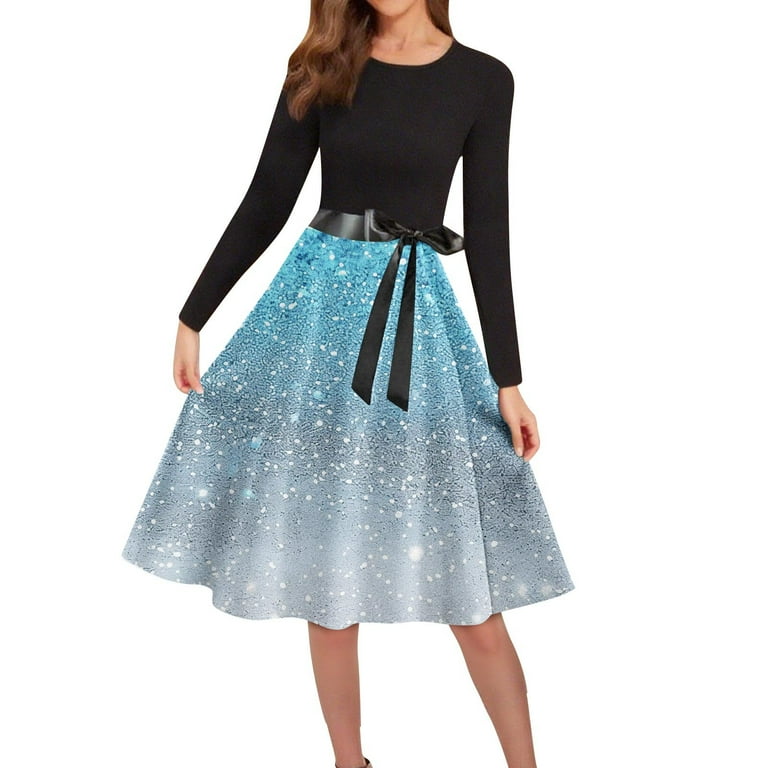 VBVC No Boundarie Women's Vintage Tie Belt Tea Dress,Ladies Holly and  Berries Dress,Winter Xmas Outfit Clothes For Women,Light Blue,Size M