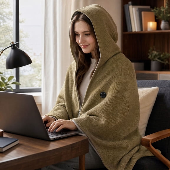 Heated Blanket for Women, USB Wearable Heated Shawl Wrap with Hood and Zipper, Soft Fleece Lining Heating Poncho for Home Office Travel Outdoor Use, Winter Holiday Gift