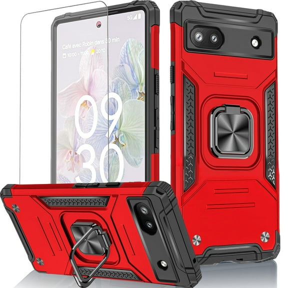 Circlemalls Case for Google Pixel 7, Tempered Glass Screen Protector, Ring Stand Shockproof Cover-Red