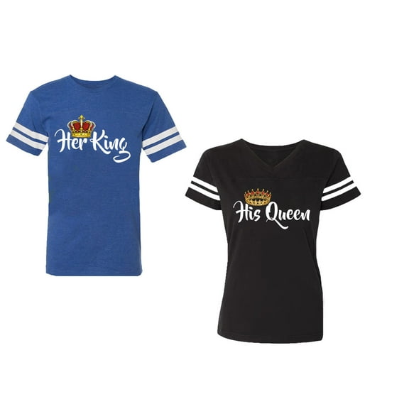Her King His Queen Unisex Couple Matching Cotton Jersey style T-Shirt Contrasting stripes on sleeves (Men Royal / Women Black) (Men S / Women S)