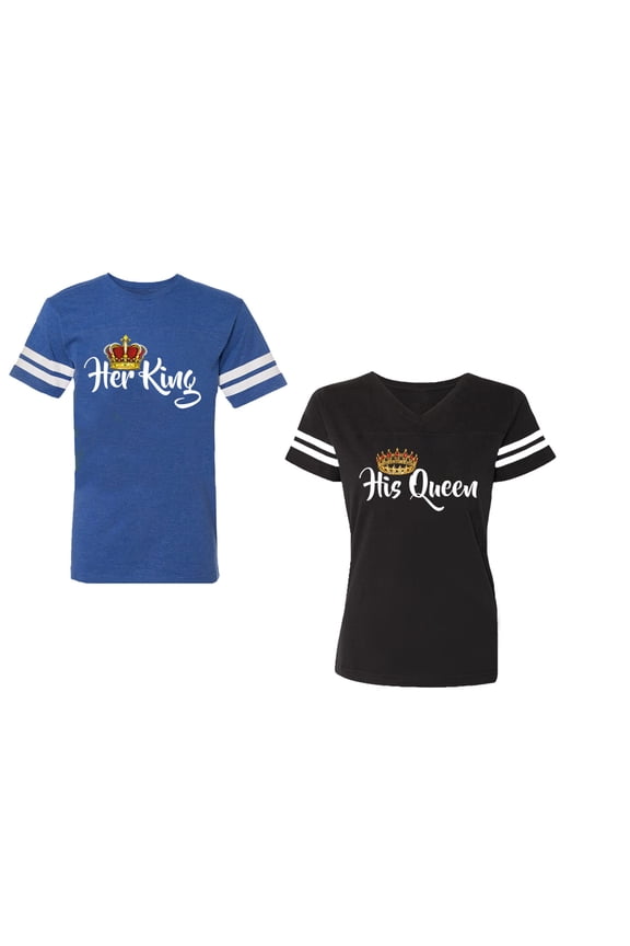 Her King His Queen Unisex Couple Matching Cotton Jersey style T-Shirt Contrasting stripes on sleeves (Men Royal / Women Black) (Men XXL / Women XXL)