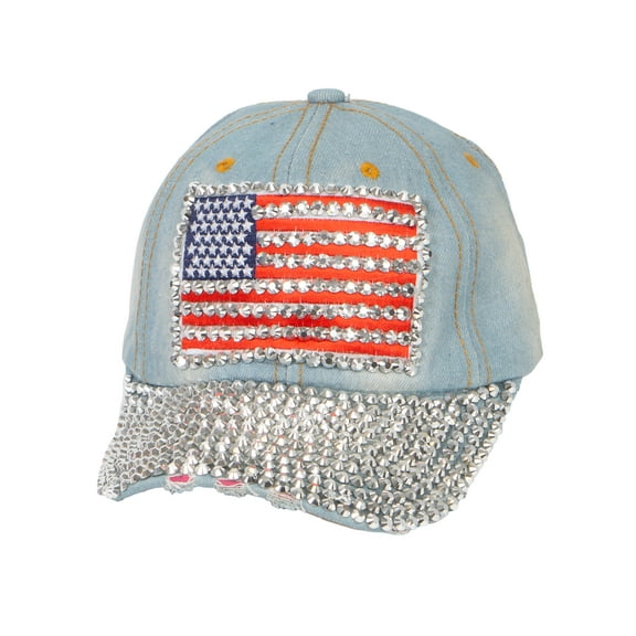 Womens Flag Patched Distressed Denim Baseball Cap - Light Denim