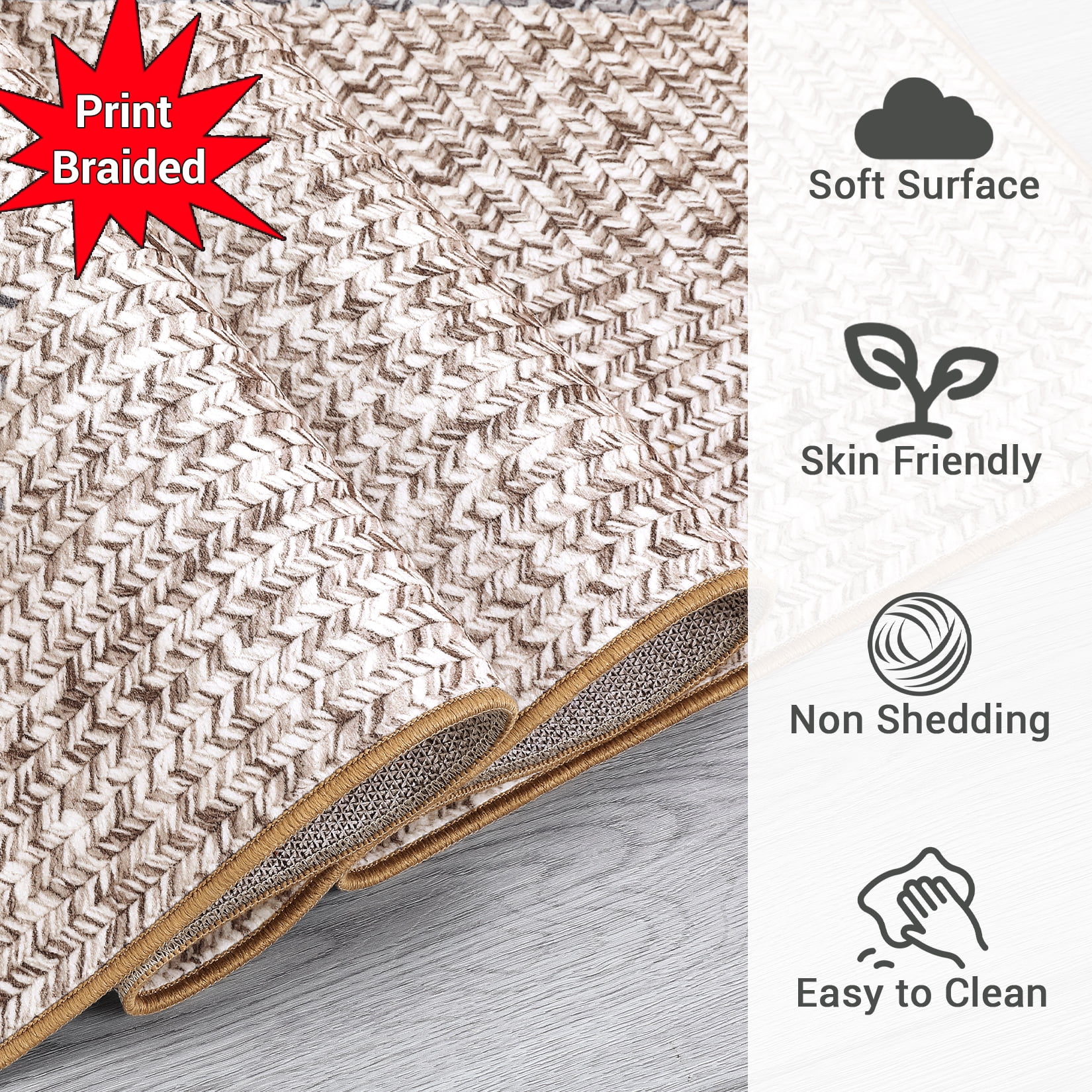 GlowSol 2' x 10' Runner Rug Modern Braided Print Rugs Non-Slip Low Pile Bedroom Runner Rug Washable Floor Mat for Kitchen Hallway, Beige Gray