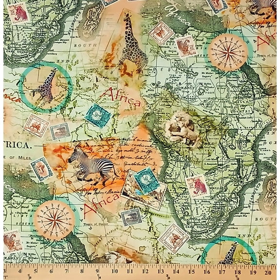 Cotton Serengeti Plains African Adventure Maps Animals Safari Zebras Explorer Michael Miller Fabrics Cotton Fabric Print by the Yard (dcx11958-parc-d)