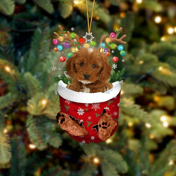 Acrylic 2D FLAT - RED Cockapoo In Snow Pocket Christmas Ornament Flat Acrylic Dog Ornament - Holiday Tree Decoration