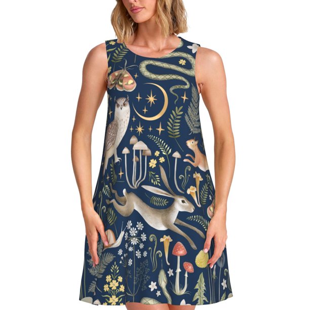 Balery Retro Forest Animals Vestidos de verano para mujer con estampado: vestido holgado sin mangas, vestido playero informal y cómodo para días calurosos.