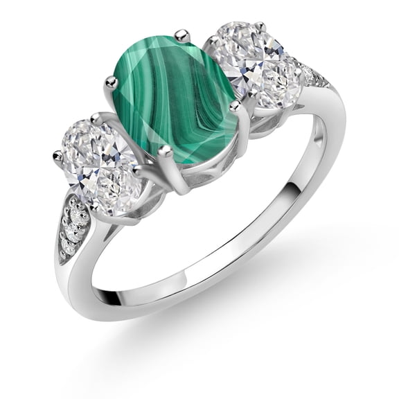 Gem Stone King 10K White Gold Green Malachite, White Lab Grown Diamond Engagement Ring for Women | 2.84 Cttw | Oval 8X6MM | Gemstone Birthstone | Size 7