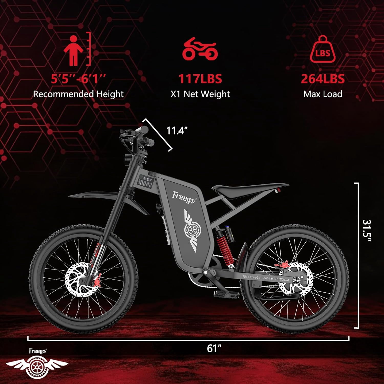 Freego X1 Electric Bike for Adults with Pedals,3000W Peak Motor 60V 25Ah Battery, 37 MPH Top Speed 150N·m Torque, Full Suspension Hydraulic 4-Piston Brakes, 17" All-Terrain Tires