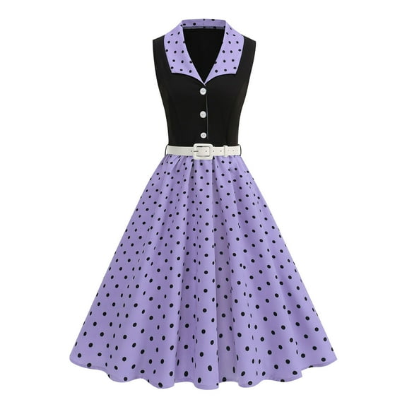 Gamivast Dresses for Women Polka Dot 1950S Retro Lapel Collar Sleeveless Dress Midi Dresses with Belt Vintage Style Cocktail Party Swing Dress for Wedding Guest