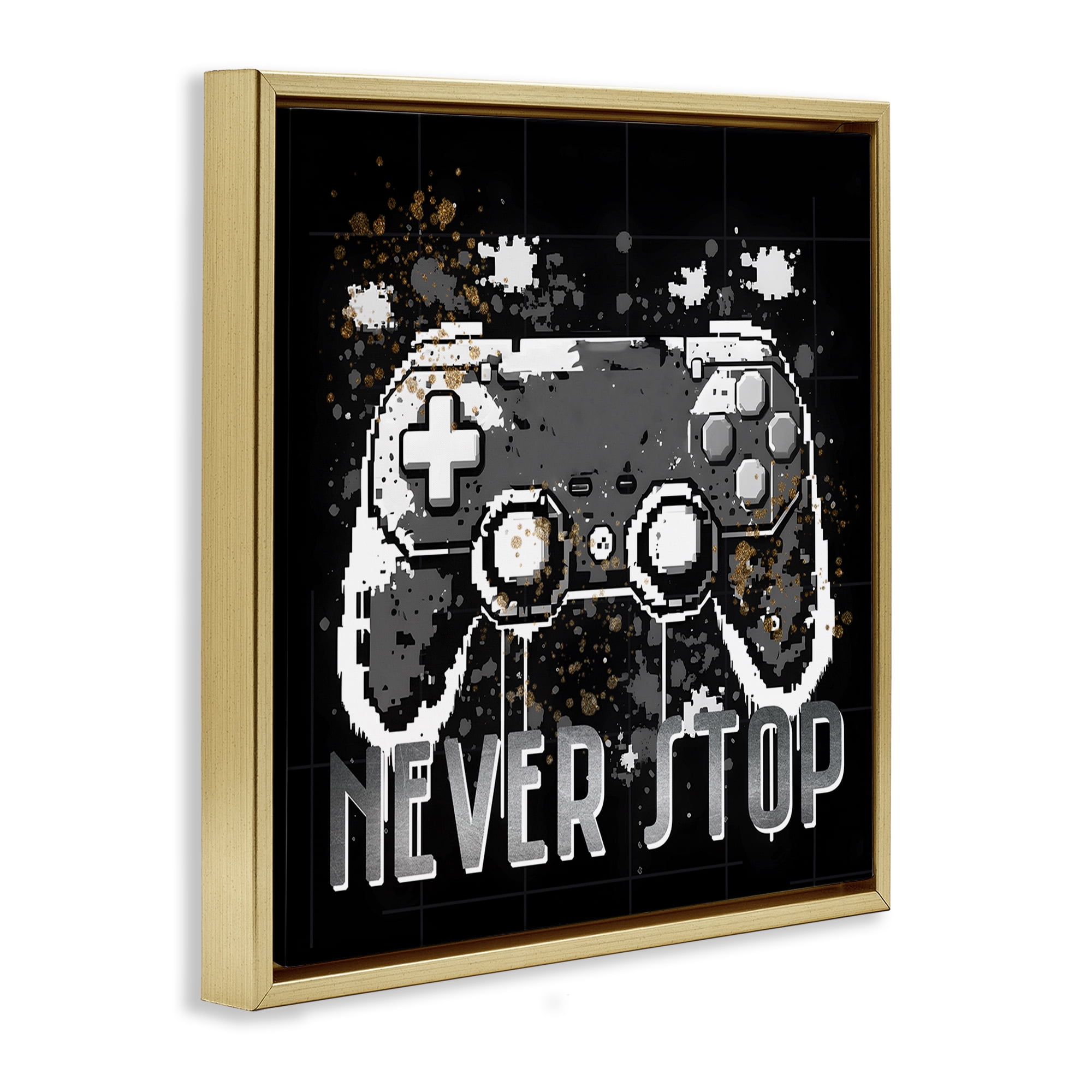 Stupell Industries Never Stop Pixel Controller Entertainment Painting Gold Floater Framed Canvas Art Print Wall Art, 18 x 18