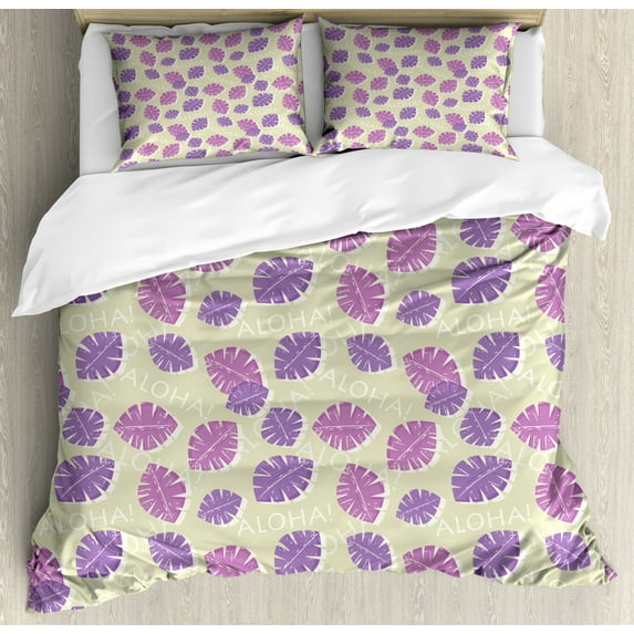 Aloha Duvet Cover Set King Size, Leaves Pattern in a Grunge Style Repetitive and Sketchy Violet Tones, Decorative 3 Piece Bedding Set with 2 Pillow Shams, Lavender Lilac and Eggshell, by Ambesonne