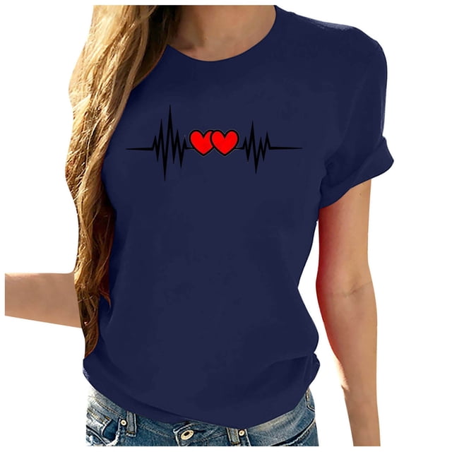 RKSTN Blouses pour Femmes Mode Été Décontracté Imprimé Graphique Hauts Chandail Col Rond Manches Courtes Chemises Couleur Unie