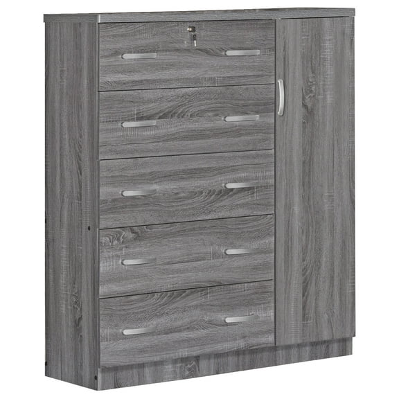 Better Home Products JCF Sofie 5 Drawer Tall Chest Dresser Wood Composite, Gray, 145 lbs