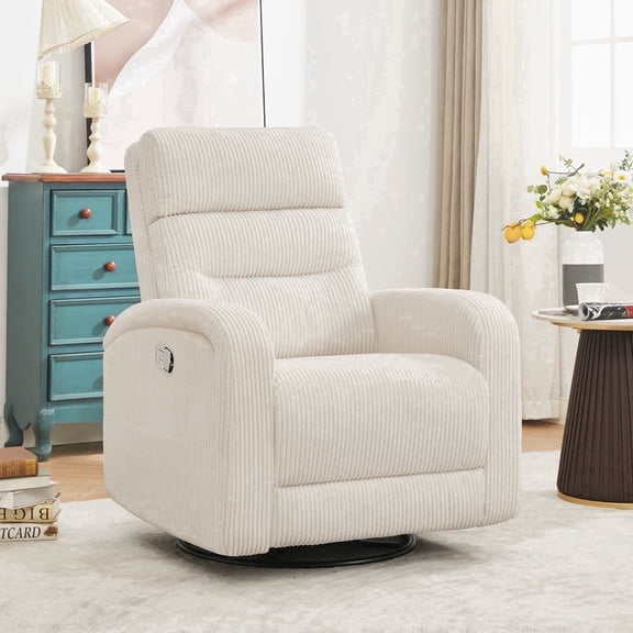 Aemeios Manual Swivel Rocker Recliner Chair, Corduroy Nursery Chair for Living Room, White
