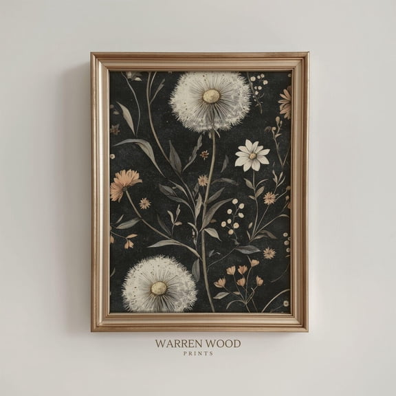 Vintage Dandelion Print, Washed Black Botanical Wall Art, Rustic Nature, Dark Countryside Floral Decor, Moody Aesthetic Home Decor #1674, Unframed Poster Size 8x12