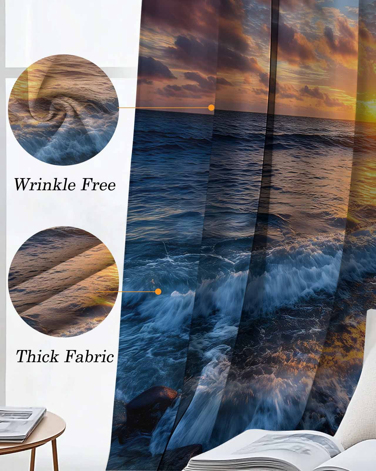 Beach Reef Blackout Curtains for Bedroom Living Room, Country Sunset Ocean Waves Reef Beach 39 In Long Thermal Insulated Room Darkening Drapes Grommet Window Treatments, 27.5 x 39 In