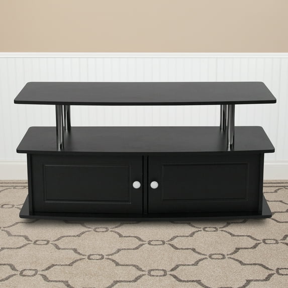 Emma + Oliver Black TV Stand with Shelves, Cabinet and Stainless Steel Tubing