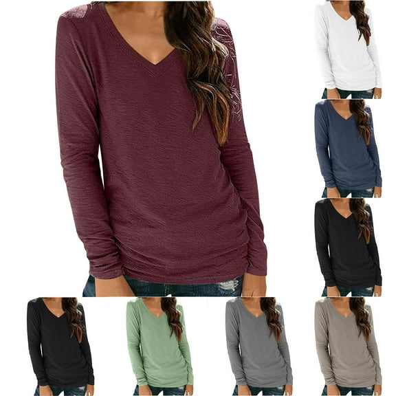 Swuxness Women Slim Soft Undershirt, Women's Long Sleeve Tops, Women's Solid Color V-Neck Comfortable Soft Loose T Shirt Basic Layering Top for Ladies Pink, M