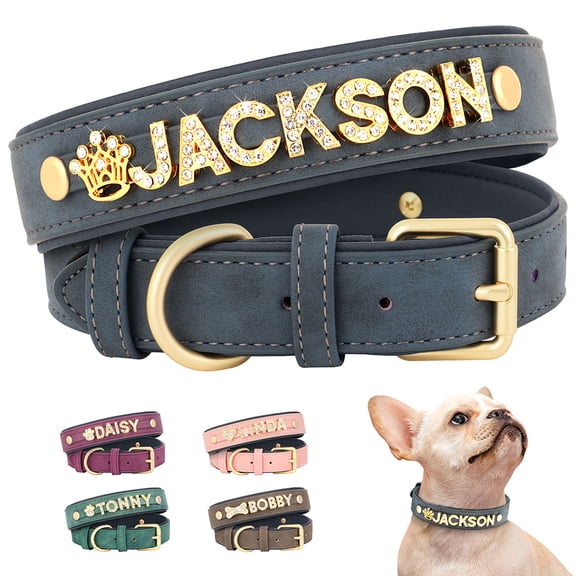 Pet Artist Personalized Dog Cat Collar with Rhinestone & Gold Letters Charms, Custom Name Plate, Adjustable S-L, DIY Pet Collar
