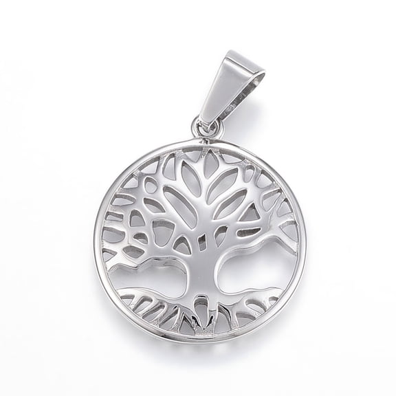 Non-304 Stainless Steel Pendants Flat Round and Tree of Life Stainless Steel Color 29x26x3mm Hole: 5x9mm