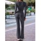 thumbnail image 5 of Conjunto Deportivo de 2 Piezas para Mujer, Camiseta de Larga, Pantalones Acampanados con Solapa, Chándal Informal, Gris Oscuro, Talla M, 5 of 8