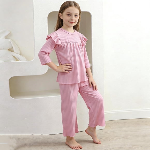 Conjuntos de ropa de casa para niños con cuello redondo y mangas voladoras, pijamas casuales y cómodos de color sólido, conjunto de dos piezas para niñas bebés, ropa con aire acondicionado, conjunto d