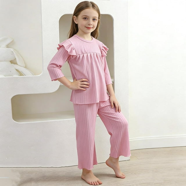 Conjuntos de ropa de casa para niños con cuello redondo y mangas voladoras, pijamas casuales y cómodos de color sólido, conjunto de dos piezas para niñas bebés, ropa con aire acondicionado, conjunto d