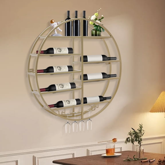 Wall Mounted Metal Wine Rack Bar Kitchen Floating Wine Shelf with Glass Holder