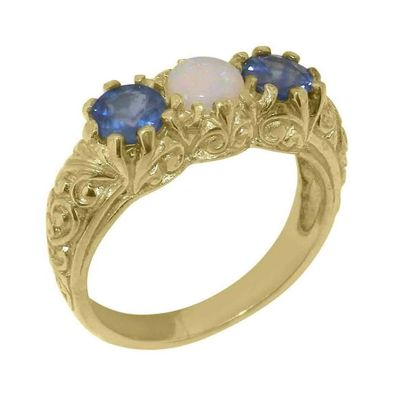 LBG British Made 14k Yellow Gold Natural Opal & Sapphire Womens Anniversary Ring - 33 size options - Size 12